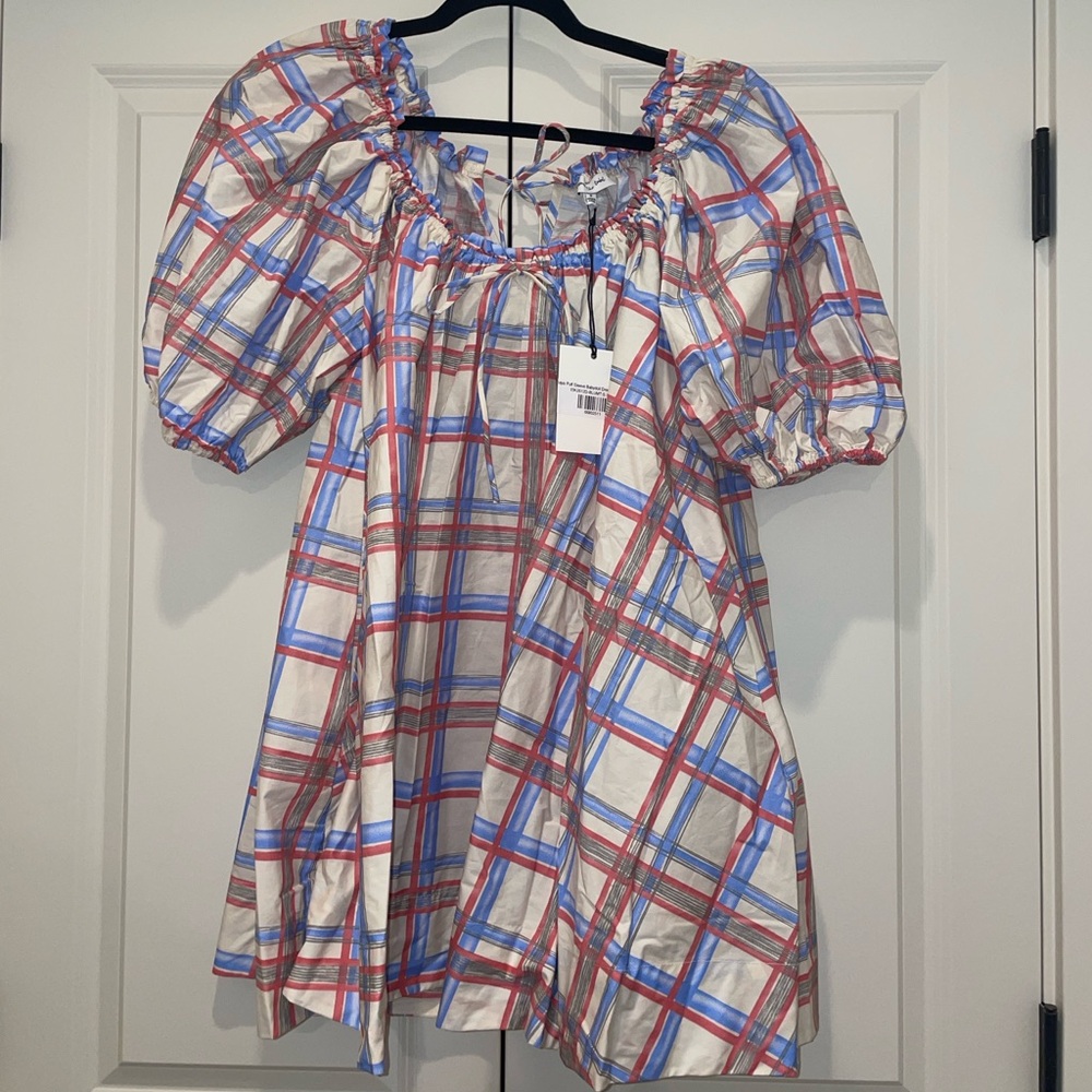 Worth Collective Inaya 100% Cotton Puff Sleeve Babydoll Mini Dress in Blue Multi